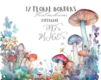 Boho Watercolor Floral Mushrooms Clipart Bundle for Weddings, Scrapbooking, Invitations, Cards | Commercial Use Borders, Fungus Art