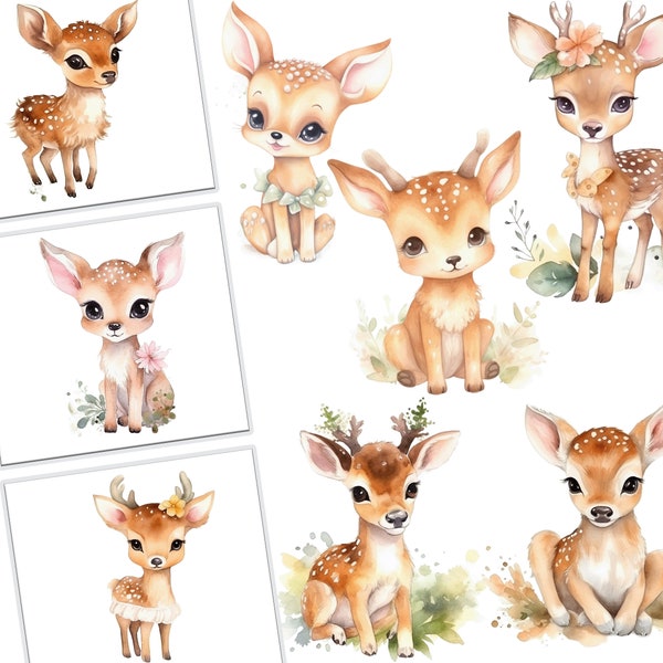 Watercolor Kawaii Fawn Clipart Bundl,Commercial Use, Cute Deer Graphics, Woodland Animals, Digital Download, Nursery Decor, Scrapbooking