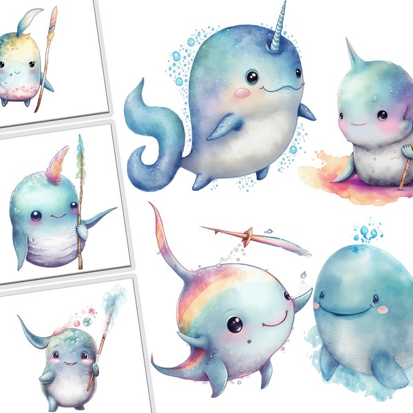Whimsical Watercolor Narwhal Clipart Bundle - Sublimation PNG Digital Images for Crafts, Invitations, Nursery Decor, DIY Gifts