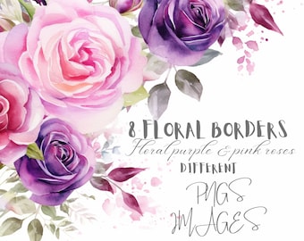 Watercolor, Floral, Clipart, Bundle, Purple, Pink, Roses, Borders, Commercial Use, Scrapbooking, Wedding, Card Making, Invitations