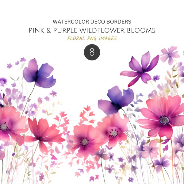 Pink Purple Wildflower Borders - Floral Clipart Bundle for DIY Invites, Cards - PNG Images