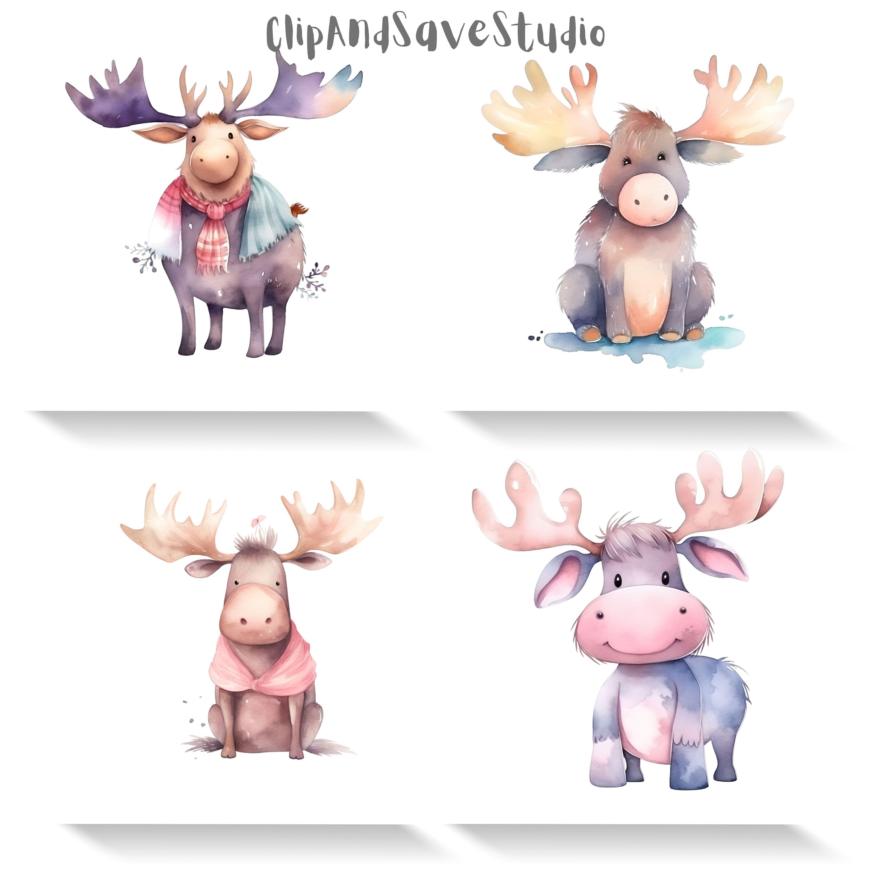 Watercolor Cute Kawaii Moose Clipart Bundlecommercial Use - Etsy