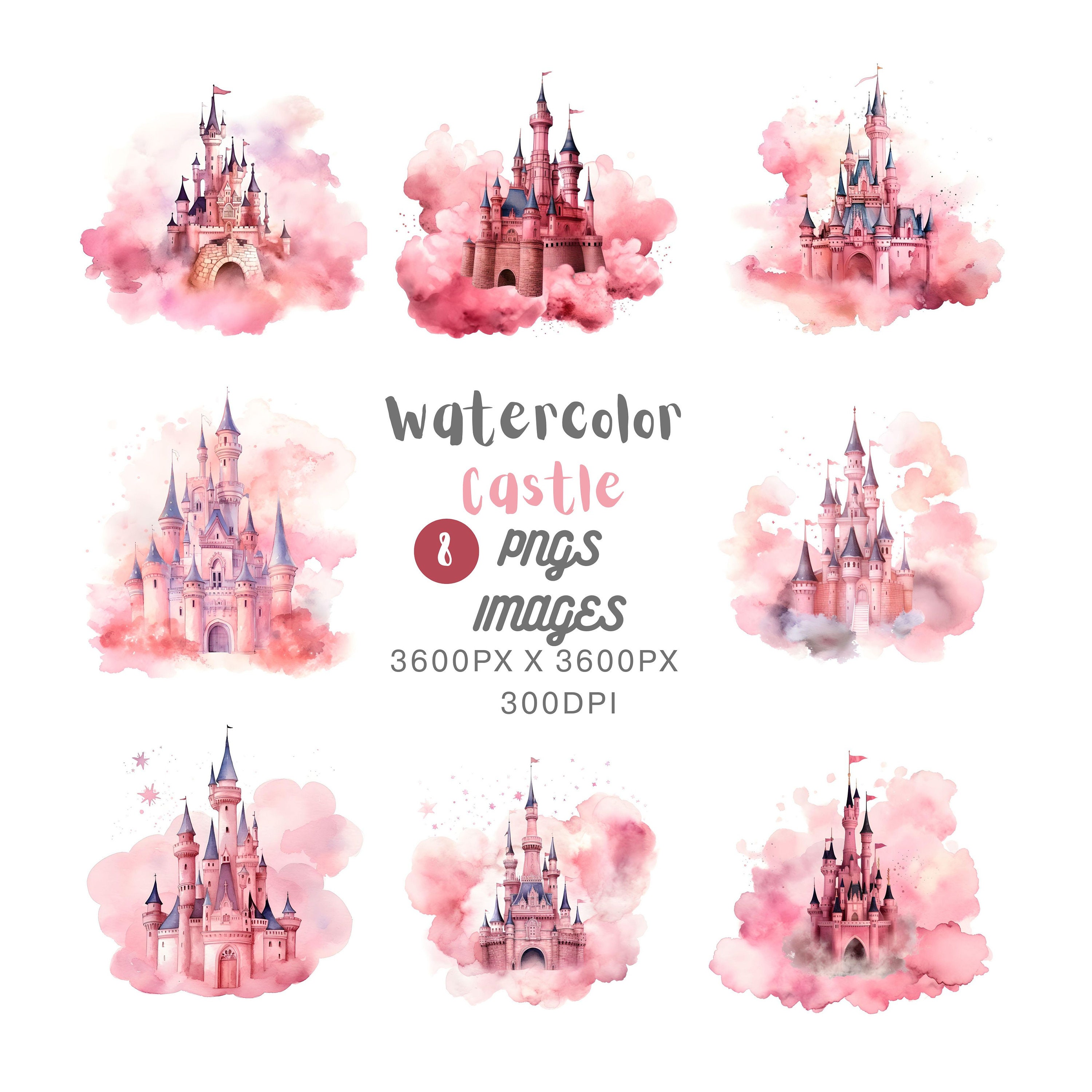 Watercolor Pink Castle on Clouds Clipart Bundlecommercial - Etsy