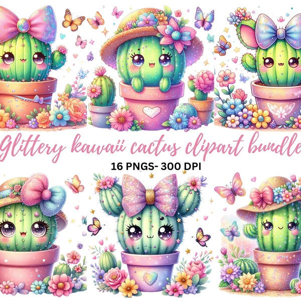 Spring Pastel Watercolor Clipart Bundle - Glittery Kawaii Succulent Cactus | Cute PNGs for Sublimation & Commercial Use