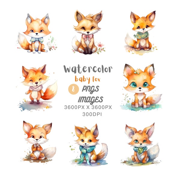 Commercial Use Watercolor Cute Kawaii Fox Clipart Bundle - Adorable Animal PNG Files for Scrapbooking, Invitations, and Crafts