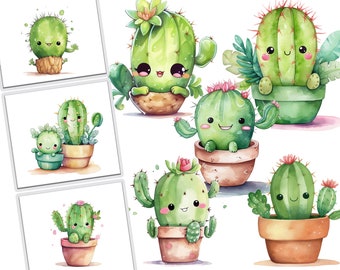 Cute Watercolor Kawaii Cactus Clipart Bundle for Commercial Use,digital download, plant clipart, desert clipart, green clipart,