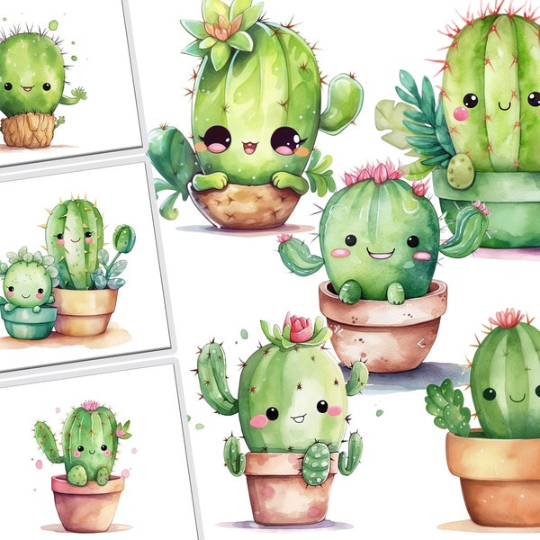 Cute Watercolor Kawaii Cactus Clipart Bundle for Commercial Use,digital download, plant clipart, desert clipart, green clipart,