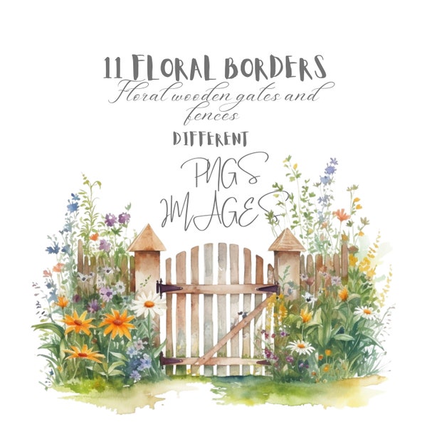 Watercolor, Floral, Clipart, Bundle, Wooden, Fence, Gate, Borders, Commercial Use, Scrapbooking, Card Making, Invitations