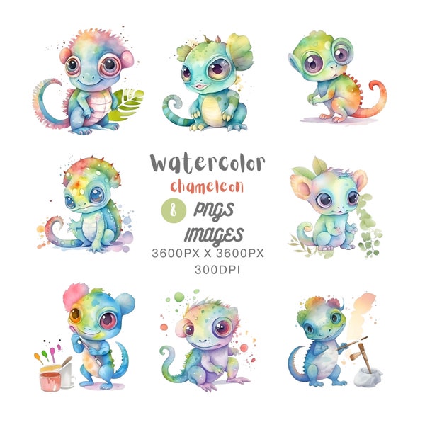 Acuarela Cute Kawaii Chameleon Clipart Bundle, Archivos PNG de uso comercial, Reptil, Animal, Naturaleza, Vida silvestre, Colorido, Tropical, Verano, Niños