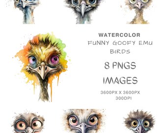 Watercolor Funny Goofy Emu Birds Clipart Bundle for Commercial Use, Nursery Decor,Scrapbooking, Invitations, and More