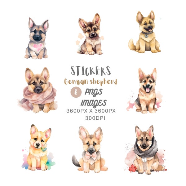 Watercolor Cute Kawaii German Shepherd Clipart Bundle,Commercial Use PNG,Download,Scrapbooking,Planner Sticker,Invitations,Nursery Decor,Dog