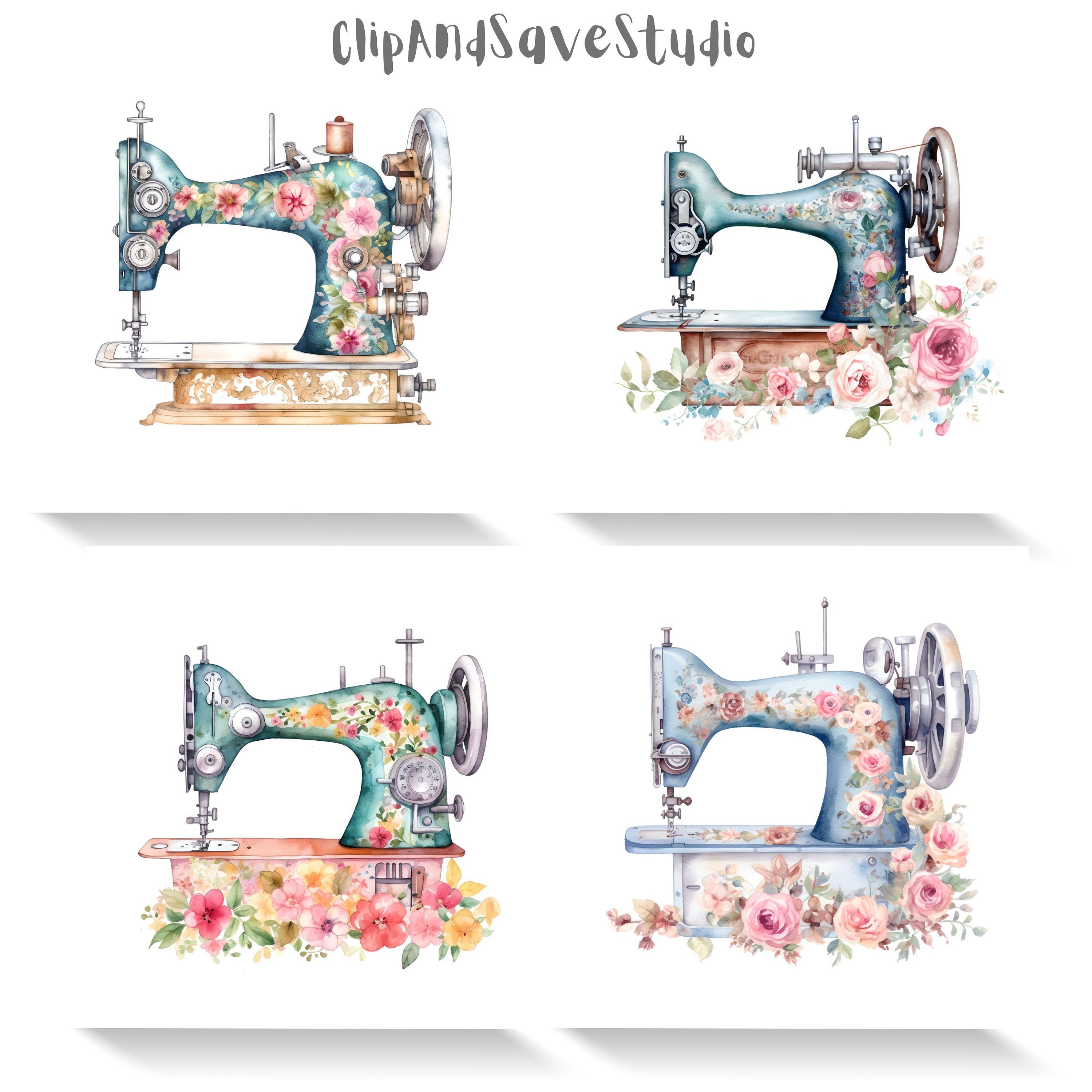 Watercolor Floral Vintage Sewing Machine Clipart Etsy