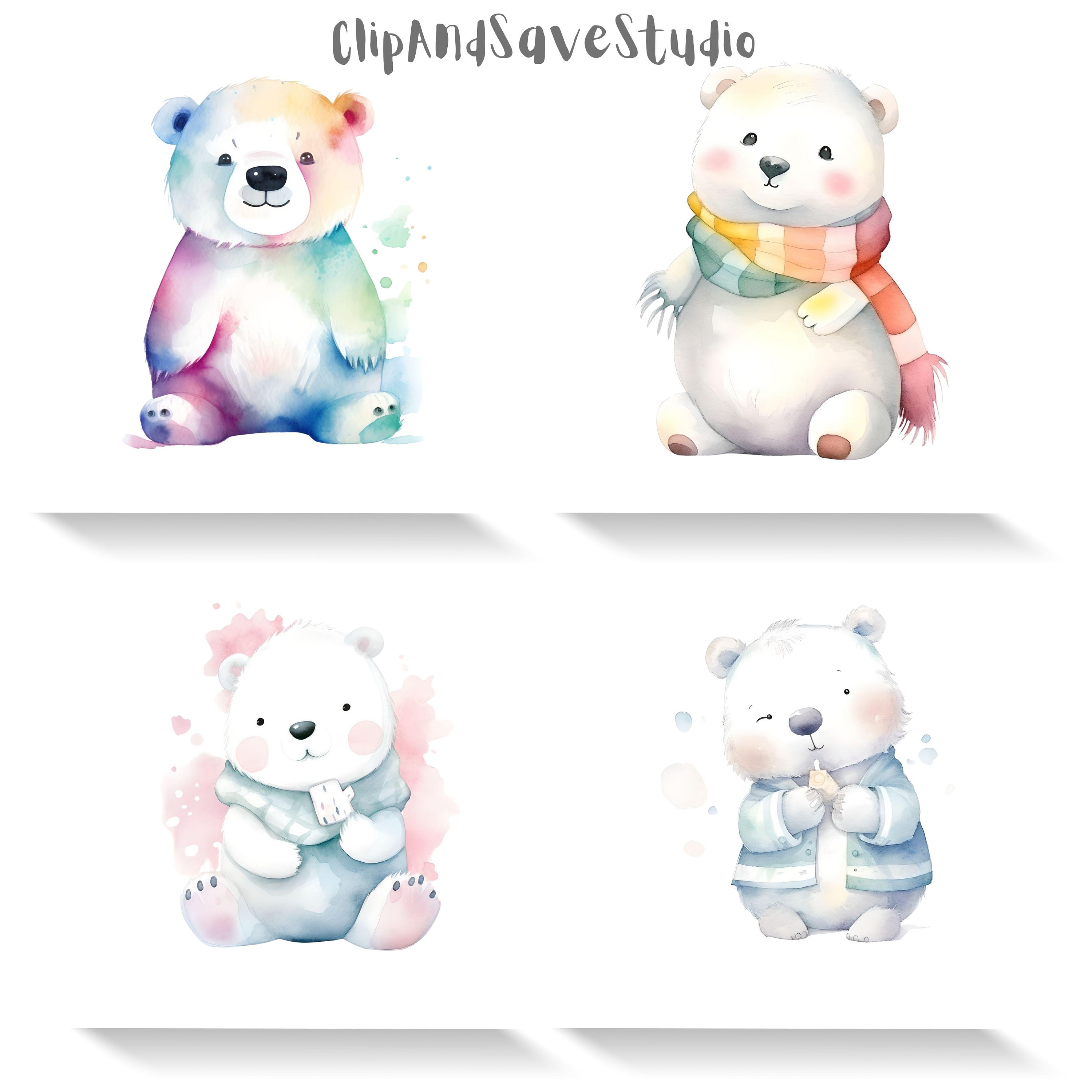 Watercolor Cute Kawaii Polar Bear Clipart Bundle Commercial - Etsy