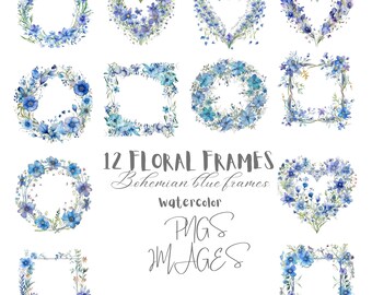 Watercolor Floral Bohemian Blue Frames Clipart Bundle for,Floral, Bohemian, Blue Frames, Commercial Use, Scrapbooking, Invitations, and More