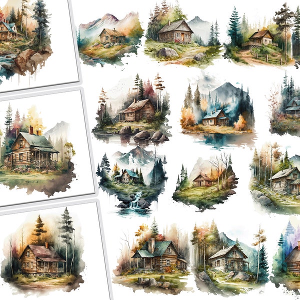 Watercolor Cabin Bundle,Cabin in the Woods,Houses Clipart,Cabin Watercolor Clipart,Forest House,Instant Download