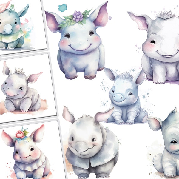 Adorable Watercolor Rhinoceros Clipart Bundle for Commercial Use: Cute Rhino Graphics, Nursery Wall Art, Safari Animals, Instant Download