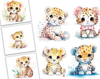 Watercolor Kawaii Leopards Clipart Bundle - Commercial Use Cute Animal Graphics for Digital Designs and Paper Crafts