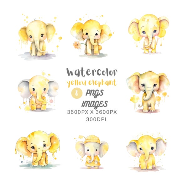 Watercolor Cute Yellow Elephant Clipart Bundle,Commercial Use,watercolor,cute,kawaii,elephant,animal,yellow, baby, nursery, safari, jungle,