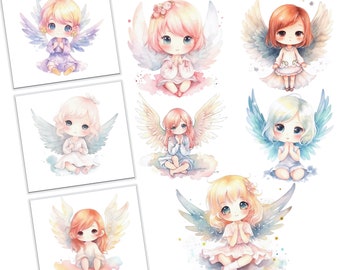 Adorable Watercolor Kawaii Angel Clipart Bundle,Commercial Use,Heavenly,Cute,Cherub, Digital, Graphics, Scrapbooking