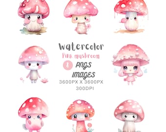 Watercolor Cute Pink Mushroom Clipart Bundle,Commercial Use,pink mushroom,watercolor clipart,cute graphics,scrapbooking, card making