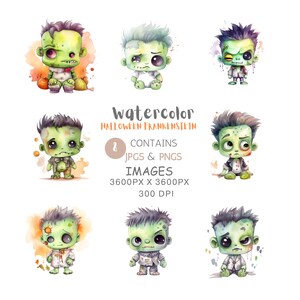 Watercolor Kawaii Halloween Frankenstein Clipart, Commercial Use ...