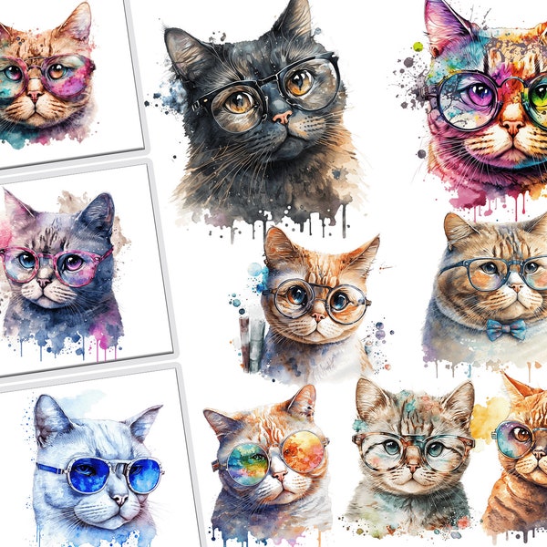 Watercolor Funny Cat Wearing Glasses Clipart Bundle - Instant Download, Commercial Use, Feline,Cute, Eyeglasses, Printable Art, Digital, PNG