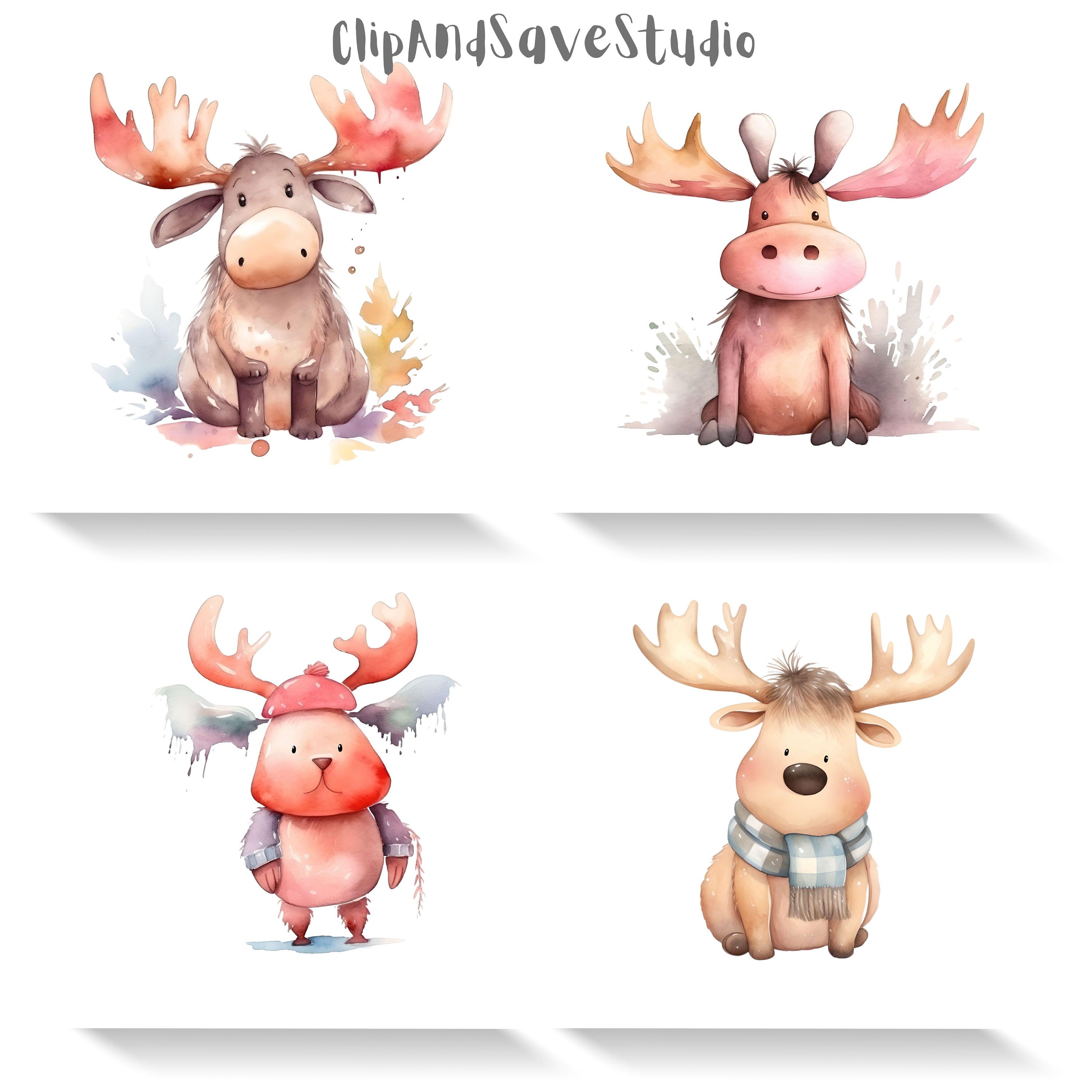 Watercolor Cute Kawaii Moose Clipart Bundle,commercial Use Png,animal ...