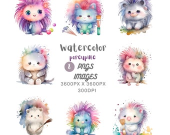 Watercolor Cute Kawaii porcupine Clipart Bundle,Commercial Use PNG Files,Woodland Animal Illustrations,Scrapbooking,Planner Stickers,Crafts