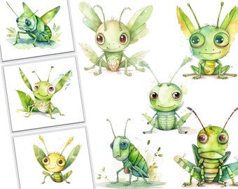 Acquerello Kawaii Grasshoppers Clipart Bundle, Uso commerciale - Insetti carini, Insetti, Natura, Download digitale, Scrapbooking, Adesivi Planner