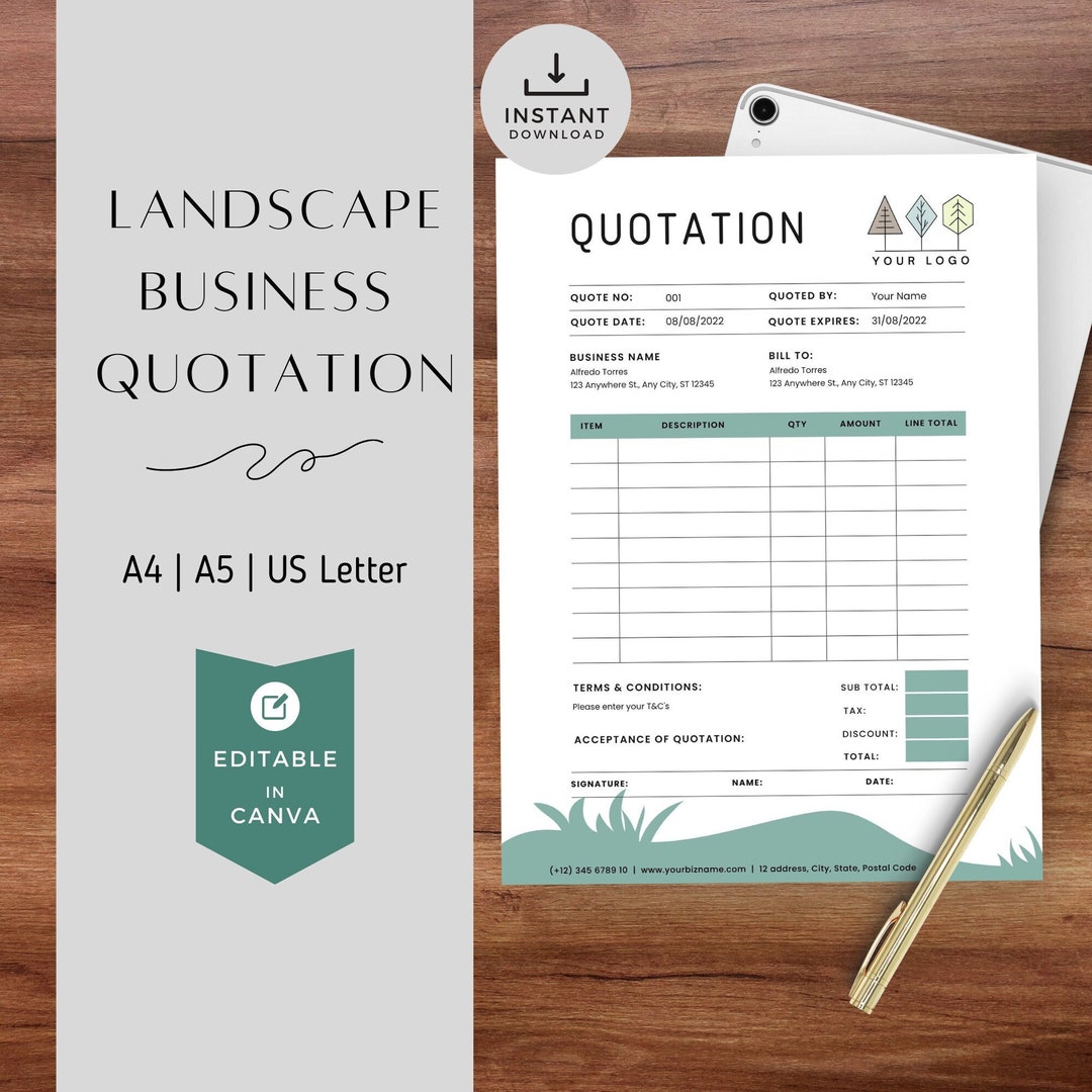Landscape Printable Quotation Template, INSTANT DOWNLOAD, Contractor Landscape Printable Quotation Template, INSTANT DOWNLOAD, Contractor