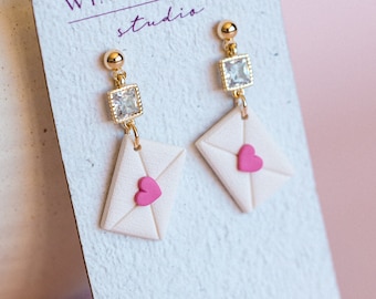 Pink Love Letter Valentines Day Earrings | Lightweight Polymer Clay Dangle Earrings | Handmade Pastel Pink Heart Earrings Sparkle CZ Drop