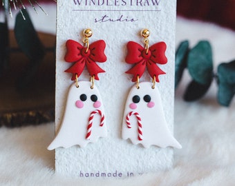 Spooky Christmas Ghost Candy Cane Red Bow Dangle Earrings | Lightweight Polymer Clay | Handmade Fun Whimsical Winter Holiday Gold Drop Cute