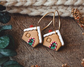 Cute Christmas Miniature Gingerbread House Hoops | Lightweight Polymer Clay Earrings | Handmade Whimsical Winter Holiday Fun Gold Candy Cane