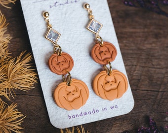 Orange Halloween Jack O Lantern Earrings | Lightweight Polymer Clay Earrings | Handmade Spooky Fall Cubic Zirconia Pumpkin Dangle Earrings