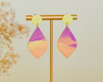 Summer Sunset Drop | HANDMADE EARRINGS | Fun Colourful Yellow Pink Purple Pastel Orange Gold Plated Lightweight Polymer Clay Teardrop Dangle