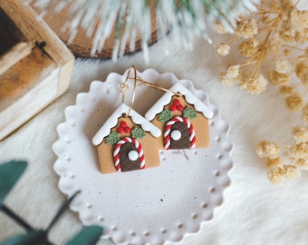 Cute Christmas Gingerbread House Hoops | Lightweight Polymer Clay Earrings | Handmade Whimsical Winter Holiday Fun Gold Silver Candy Cane