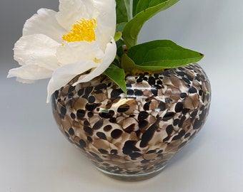 Vintage Art Glass Vase with Animal Print Motif in Black, White, Tan and Metallic Gold