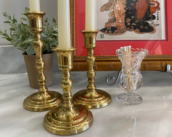 Vintage Set of 3 Brass Candlestick Holders in Descending Heights