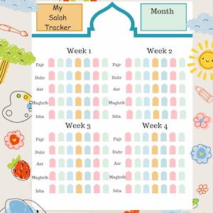 Può includere: Un tracker di preghiera islamica stampabile con un design colorato. Il tracker è diviso in quattro settimane e include spazi per ciascuna delle cinque preghiere quotidiane: Fajr, Duhr, Asr, Maghrib e Isha.