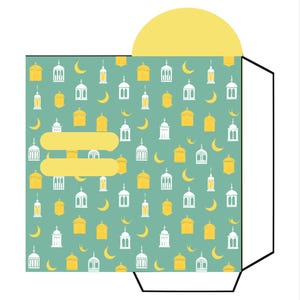 May include: An envelope with a teal background featuring a repeating pattern of yellow and white lanterns, crescent moons, and arched windows. A yellow sun shape is at the top, and two yellow rectangles are in the center.