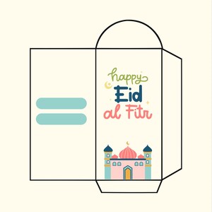 May include: A cream-colored envelope with a mosque illustration and the words "happy Eid al Fitr" in green, blue, and pink. The envelope has a light blue design on the left side.