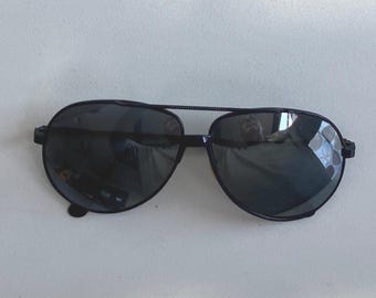 TOT ZIENS!!!!!!! Aviator zonnebril Sunique jaren 80 met spiegelglazen. Donkerblauw montuur met gedraaide dwarsbalk.
