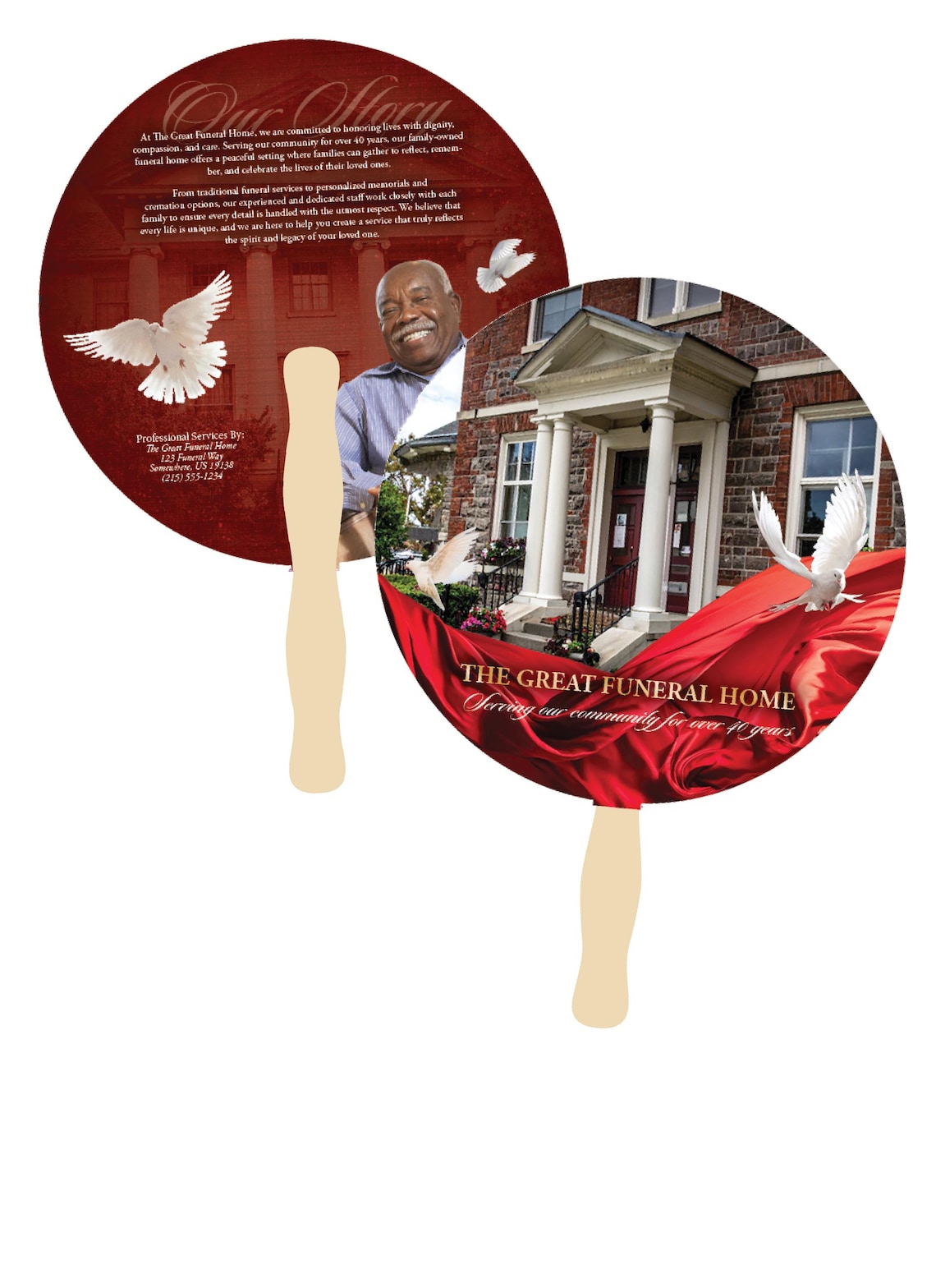 Custom Circle Funeral Home Hand Fans – Full Color, Wooden Handle - Etsy