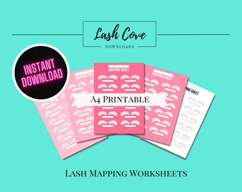 May include: Printable lash mapping worksheets in pink and white. The worksheets are A4 size and have the text "Mapping Sheet" and "A4 Printable" on them. The text "Instant Download" is in a pink circle.
