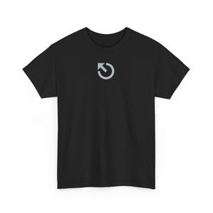 May include: Black t-shirt with a grey circular logo featuring an arrow pointing to the left.