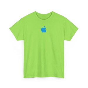 May include: A lime green t-shirt with a blue apple logo centered on the chest. The short-sleeved shirt is made of a soft material and is suitable for casual wear.