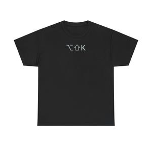 May include: Black short-sleeved t-shirt with a white graphic of the text "~^K" on the front.