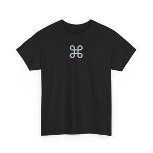 May include: Black t-shirt with a silver gray Apple command key symbol on the front.
