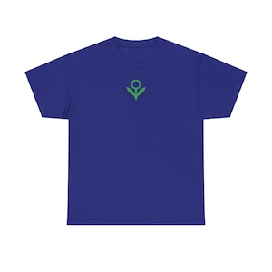 May include: A royal blue t-shirt with a green stylized flower graphic.