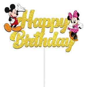 May include: Gold glitter cake topper with the words "Happy Birthday" and Mickey and Minnie Mouse characters.